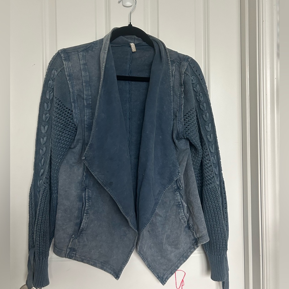 Blue Open-Front Knit-Collar Women’s Sweater